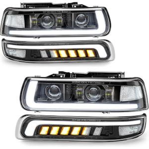 LED Headlights Assembly Headlamps Replacement for 1999-2002 Chevy Silverado 2000-2006 Suburban 00-06 Tahoe Sequential Turn Signal Hi/Low Beam DRL with Bulbs