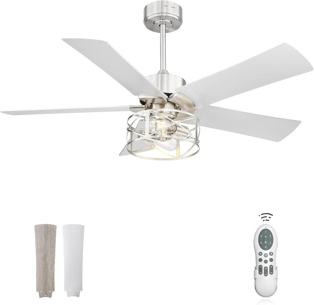 YOUKAIN Ceiling Fans With Lights, 48 Inch Farmhouse Ceiling Fans with Lights and Remote, 5-Reversible, Brushed Nickel Finish, outdoor ceiling fan for cover patio, 48-YJ632-BNW (Gray Oak & Silver)