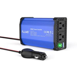 ALLWEI 300W Car Power Inverter, DC 12V to 110V AC Converter Car Plug Adapter Outlet with 27W PD USB-C & 18W USB-A Fast Charge, Car Cigarette Lighter Charger for Phone, Laptop, Tablet - Blue