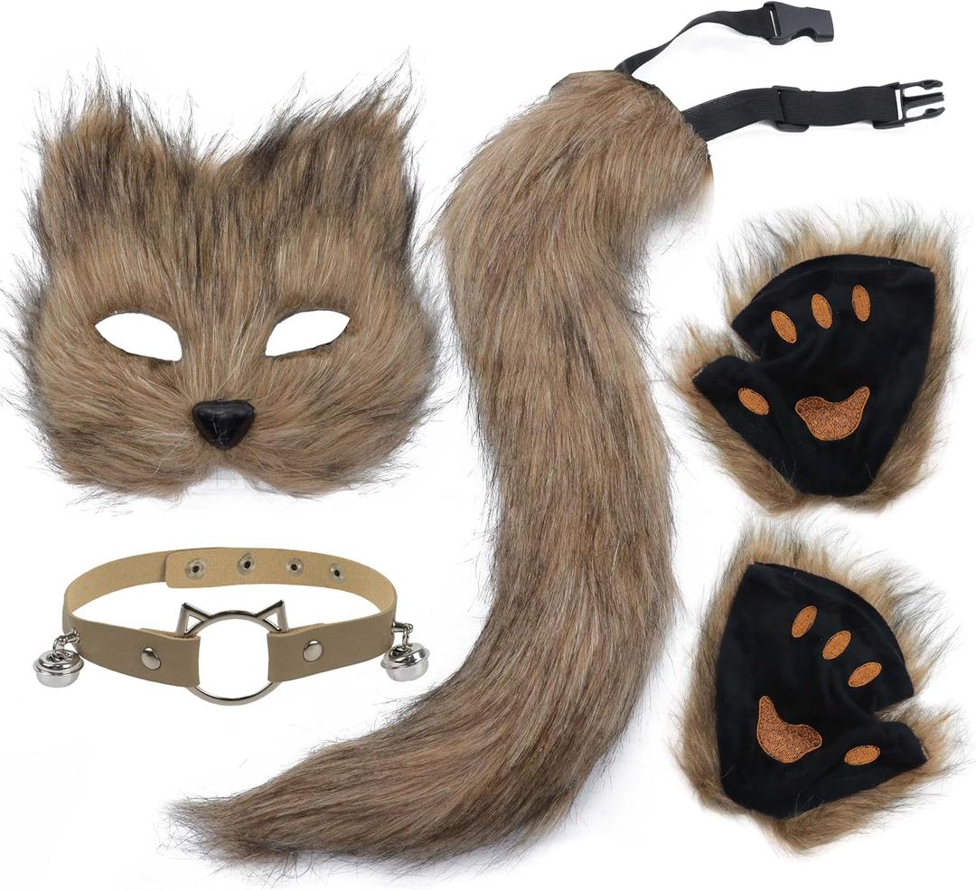 Furry Costume Therian Mask and Tail Kit, Atiofber Wolf Fox Set Fox Paws Gloves Costume Cosplay for Women Halloween (Brown, M)
