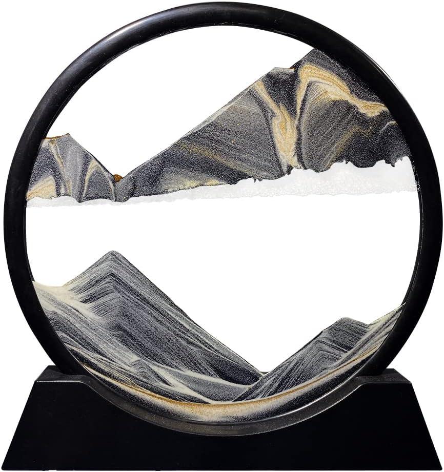 Aoderun Moving Sand Art Picture Round Glass 3D Deep Sea Sandscape in Motion Display Flowing Sand Frame Relaxing Desktop Home Office Work Decor (7", New Black)