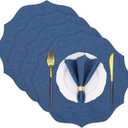 Cotton Linen Round Placemats Set of 4, HADEEONG Table Mats Cloth Placemats, Washable Wrinkle Resistance, Scalloped & Embroidered Fabric Placemats, 15.5 inch (Navy Blue, 4)