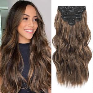 Fliace Highlight balayage dark brown Hairpieces, Natural & Blends Well Clip in Hair Extensions (24inch, 6pcs, Light Brown&Honey Blonde)