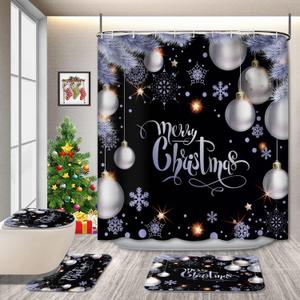 GRIEKOWE 4 Pcs Xmas Ball Black Background Christmas Shower Curtain Set with Non-Slip Rugs, White Snowflake Winter Holiday Festival Rustic Bathroom Home Curtain Decor with Hooks 72x 72in