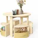 bbgroundgrm Table and Chair Set with 4 Storage Stools, Round Shaped Nesting Design, Activity Table for Play/Art/Reading/Craft, Natural