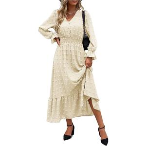 MASCOMODA Women Maxi Dress 2025 Fall Long Sleeve V Neck Swiss Dot Boho Smocked High Waisted A-Line Tiered Flowy Long Dresses (S)