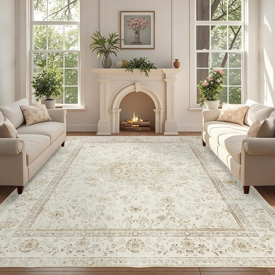 Washable Area Rug 8x10: Boho Vintage Cream Rugs for Living Room Bedroom - Soft Non Slip Stain Resistant Carpet Indoor - Beige Floral Medallion Design
