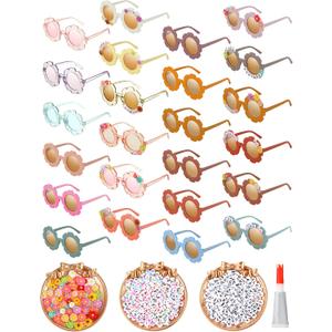 Cindeer 24 Pairs Flower Sunglasses Kids DIY Round Boho Flower Sunglasses Set Includes 100 Pcs Daisy Charm 416 Letter Beads and Glue for Kid Girls Party Favors Gifts Supplies