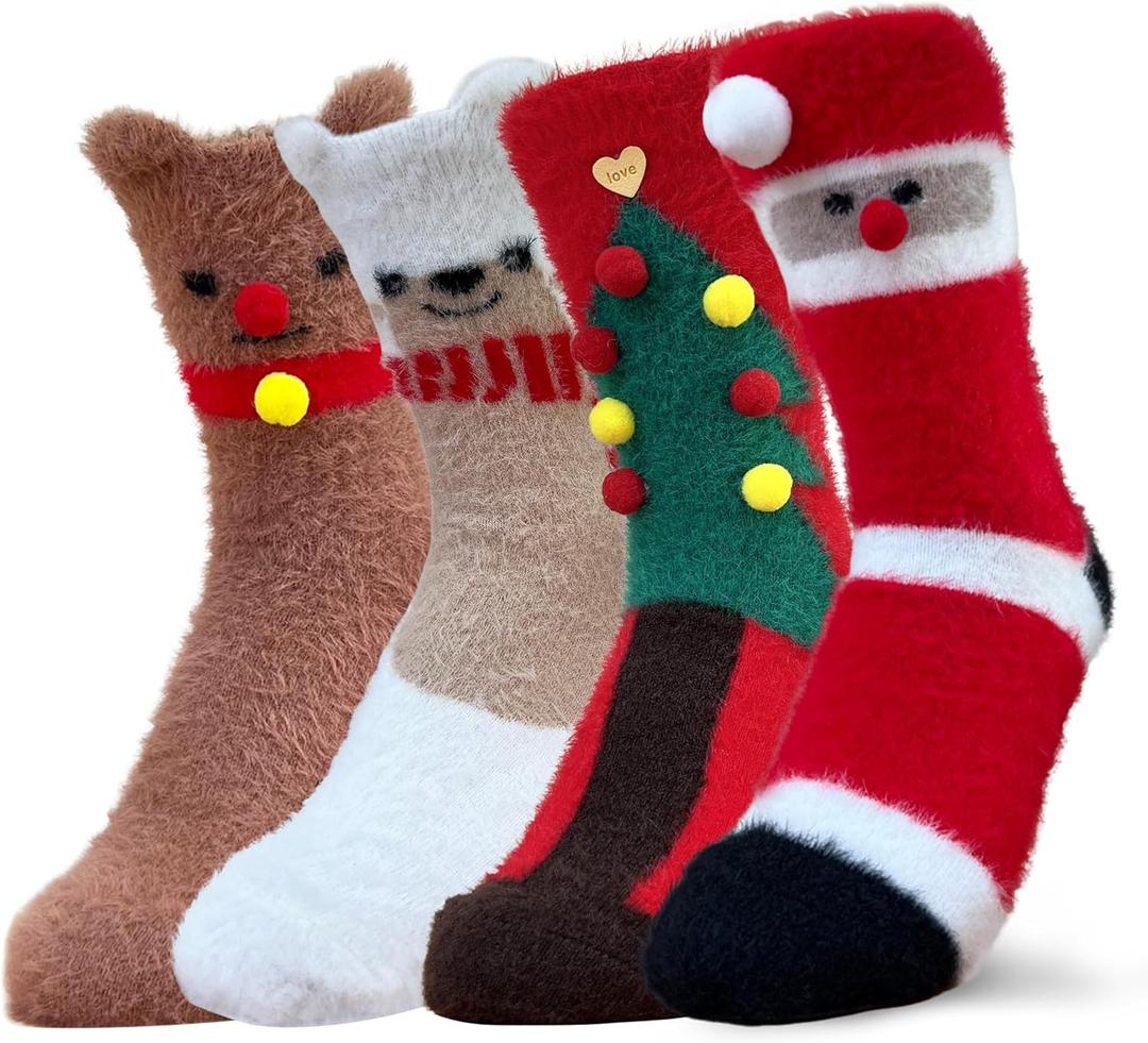 KRJ 2025 Christmas Socks Collection 4Pack Fun Cute Crew Socks for Women Xmas Socks Funny Novelty Socks Holiday Gift (Type1)