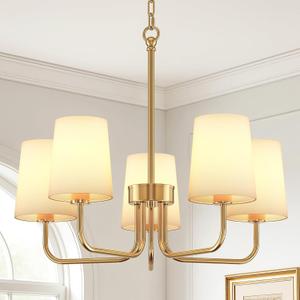 BLNAN Chandeliers for Dining Room, 5-Light Gold Chandelier Light Fixture, E26 Base-Dining Room Light Fixtures Over Table with White Shade, Farmhouse Chandelier for Bedroom Living Room Foyer Entryway, 25-inch
