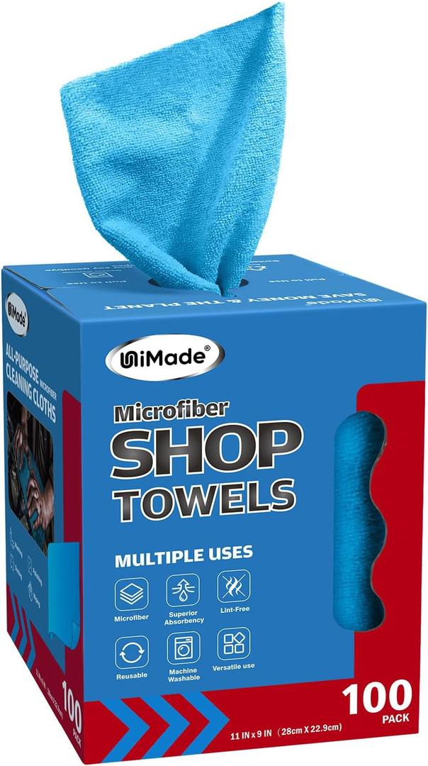 UNIMADE Shop Towels, 100 Sheets Microfiber Cleaning Cloth Commercial Grade Washcloths Lint-Free Bulk Shops Rags for Cars Mechanic Restaurant Garage Housekeeping, 11"x 9", Blue