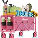 Collapsible Wagon Cart, 380LBS Heavy Duty Utility Wagons with All-Terrain Wheels, Foldable Grocery Carts for Gardening, Shopping, Beach, Camping,Pink
