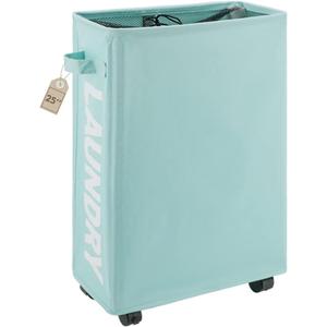 TOTANKI 25" Rolling Slim Laundry Basket on Wheels, Foldable Laundry Hamper with Handle, Collapsible Laundry Sorter and Organizer, Tall Storage Basket Bin (Light Blue)