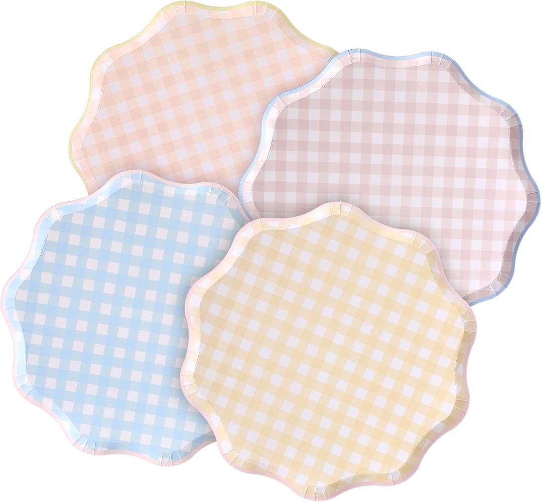 Jinei 24 Pcs Gingham Cake Dessert Paper Plates 10.5 Inch Checkered Disposable Party Plates Plaid Scalloped Edges Dinner Tableware for Easter, Birthday Party, Picnic, Summer, 4 Pastel Colors