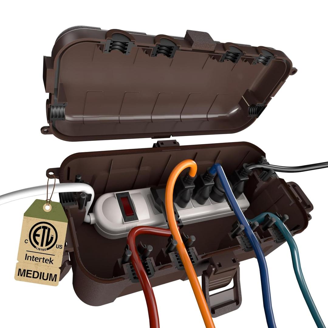 Flemoon Medium Outdoor Electrical Box (11.5x5.2x4 inch), IP54 Waterproof Extension Cord Cover w/6 Cable Entry Ports, Weatherproof Connection Box for Power Strip, Timer, Plug, Holiday Lights, Brown