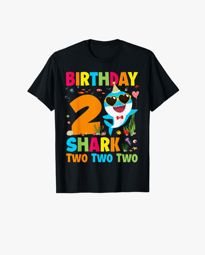 Funny 2 Year Old 2nd Birthday Boy Girl Shark Kids Toddlers T-Shirt, 2T