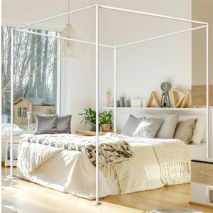 White Metal Poles Canopy Bed Frame with Four Plastic Removable Fixing Foot Plate, Four Corner Bed Brackets Fit for Bed Frames for Bedroom Decor Upgrade - King Size (Not Wobbly)