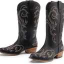 DREAM PAIRS Women's Cowboy Boots Mid Calf Cowgirl Boots Square Toe Chunky Heel Embroidery Stitched Western Boots, Size 7.5
