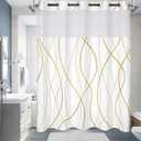 No Hook Shower Curtain with Snap in Liner Set, Grey Striped Geometric Shower Curtains for Bathroom Hotel 71x74 Inch Gold