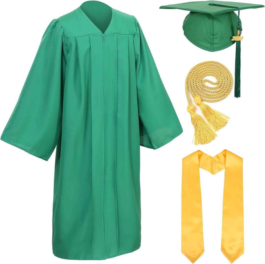 D DODOU Unisex Adult Matte Graduation Cap and Gown Set with Honor Cord Gold Stoles for College School Bachelor Graduates (Emerald Green, 45)