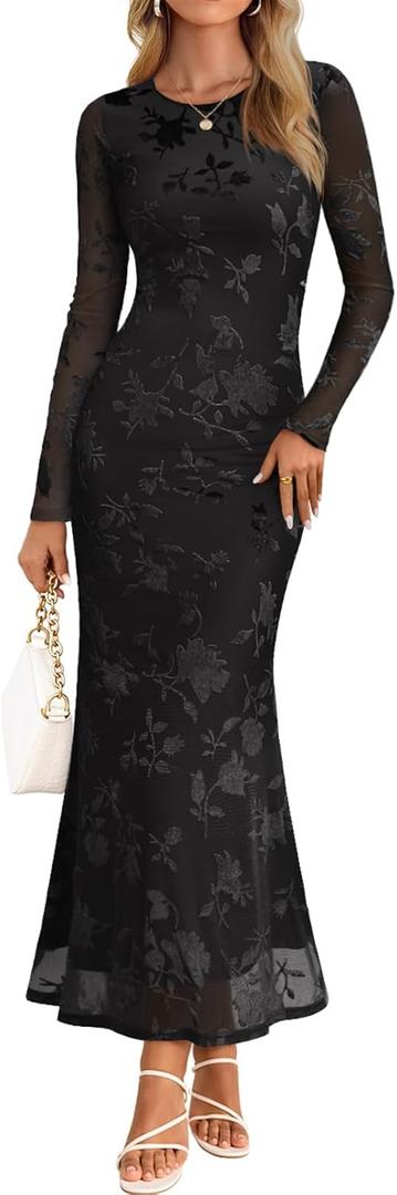 MEROKEETY Women's 2026 Spring Wedding Guest Maxi Dress Long Sleeve Bodycon Floral Mesh Fall Cocktail Formal Party Dresses (Black) S