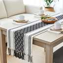Boho Table Runner with Fringe 14 x 90 Inches, Black & Cream | Woven Washable Console Tabletop Runner / Dresser Scarf, Farmhouse Extra Long Heavy Cotton Table Topper Cover