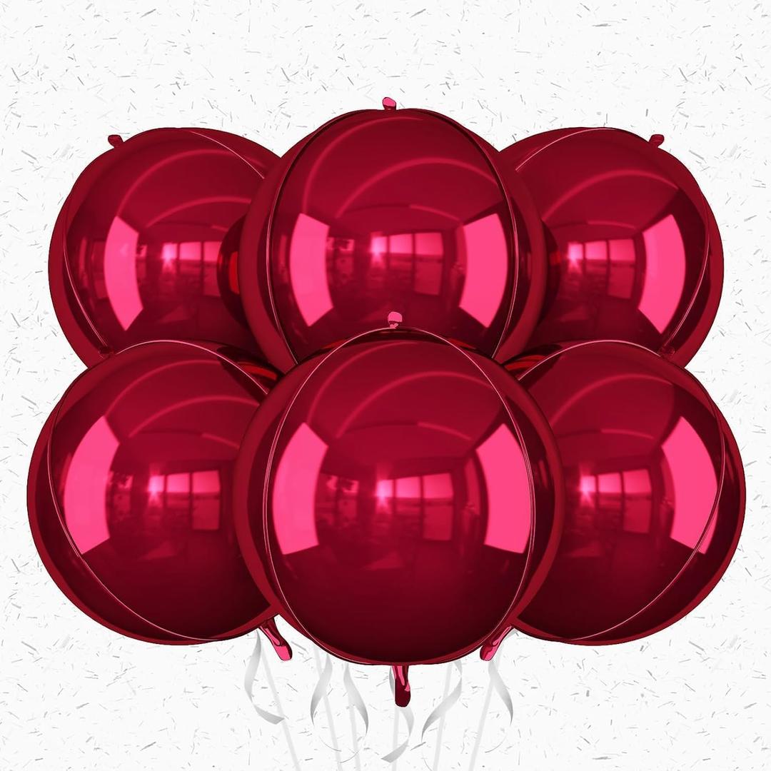 6Pcs Burgundy Round Foil Balloons,Giant 4D Round Ball Balloon,22 Inch Metallic Burgundy Red Balloons for Birthday Wedding Graduation Prom Party Decorations