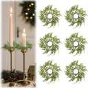 Giegxin 6 Pcs Christmas Taper Candle Rings Wreath with Blue Berry 2" Inner Diameter Mini Artificial Juniper Candle Ring Holder for Christmas Wedding Winter Home Table Centerpiece Xmas Holiday Decor