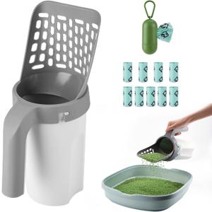 Cat Litter Scooper with Holder, Cat Litter Shovel with Waste Can and Refill 135 Bags(9 Boxes of 15 Bags), Large Capacity Cat Scooper Portable Shovel