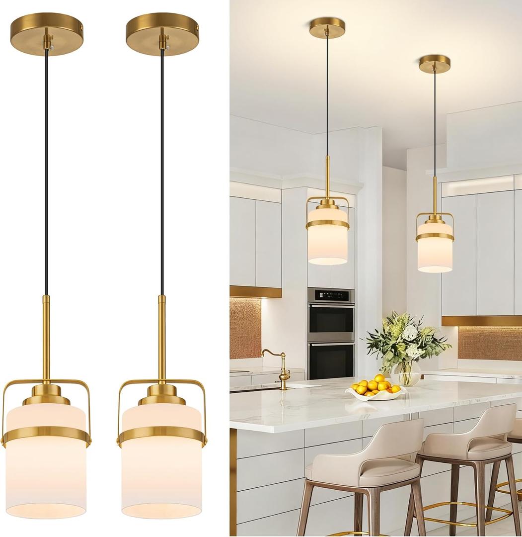 Modern Brass Pendant Lights Kitchen Island Light, Adjustable Hanging Light Fixture with Milk Glass Shade, Farmhouse Pendant Light for Dining Room Bar Over Sink/Table/Counter, 2 Pack