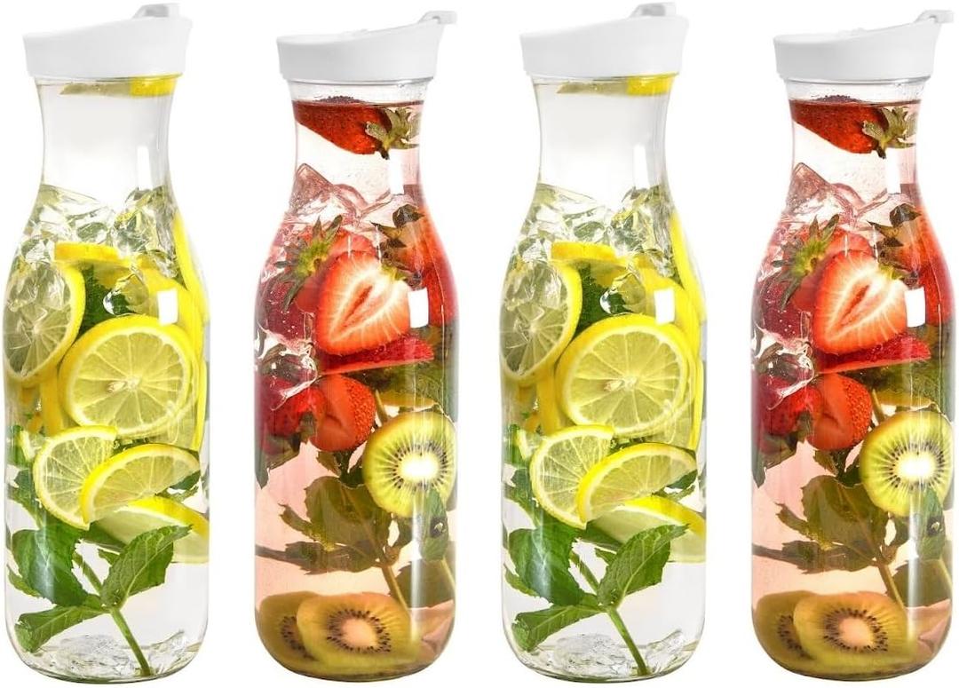 DilaBee Plastic Pitcher With Lid (4-Pack 50oz) Round Plastic Beverage Dispenser for Water, Milk, & Lemonade - Water Pitchers, Carafes for Mimosa Bar - Clear Drink Dispenser BPA-Free - HAND-WASH ONLY