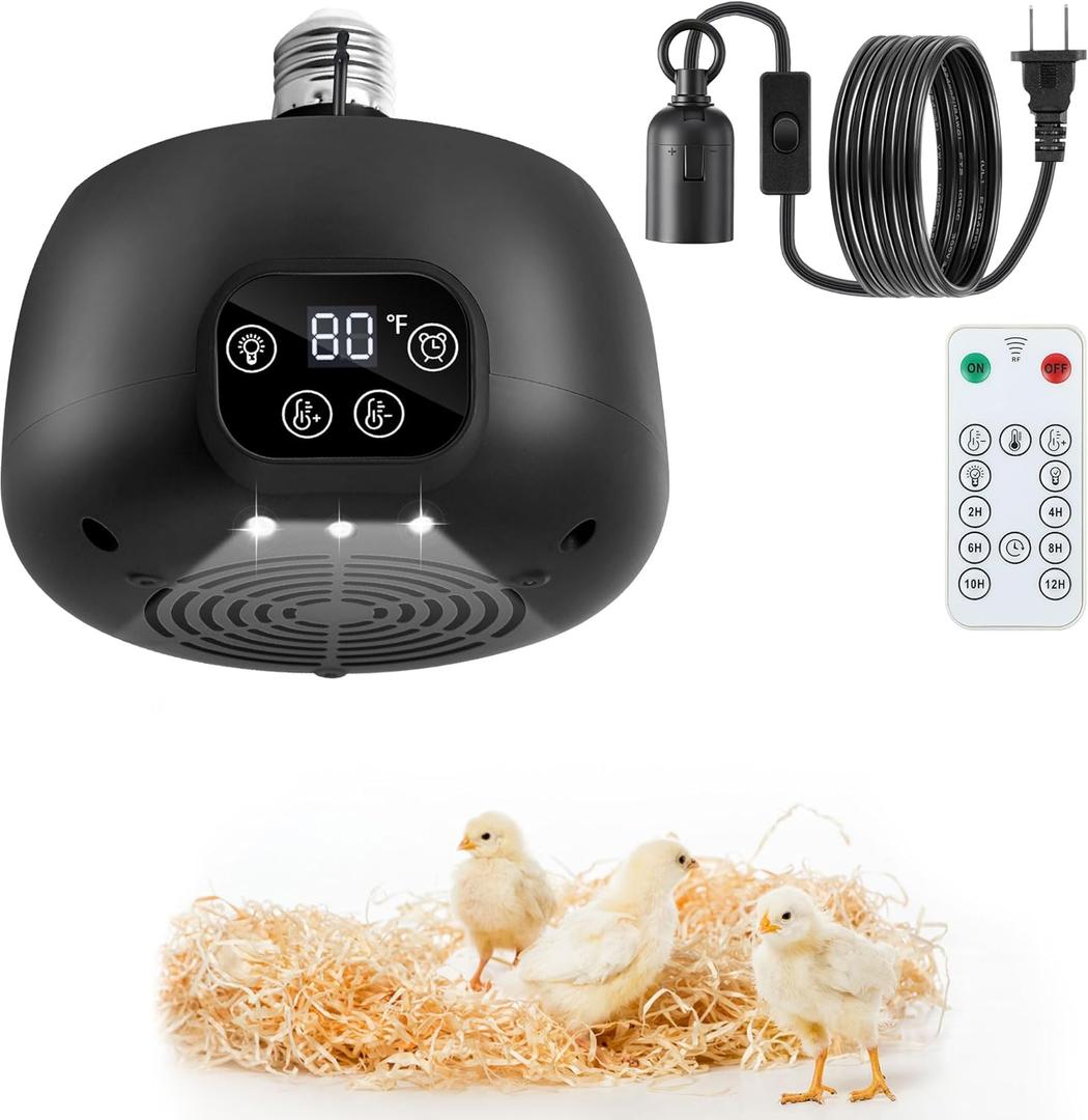 1 Pack Chicken Coop Heater with Remote, 200W Chicken Coop Warmer Temperature Control with Lights, Heat Lamps for Chickens with Digital Display and 5Ft Cable for Reptiles/Duck/Lizard