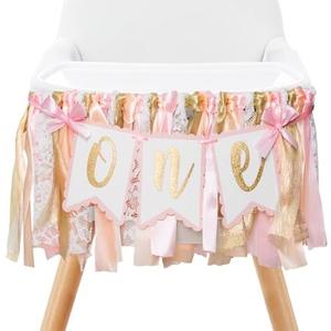 Pre - strung Pink Highchair Banner - 1st One Birthday Highchair Banner for Princess Girls ONE Baby Shower Room Party Decor