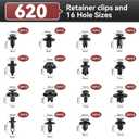 620PCS Auto Retainer Clips Kit with Trim Removal Tools and 3-Layer Organizer Box, 16 Sizes Black Push Type Rivets Fasteners for Car Bumper, Fender, Door Panel and Interior Repair