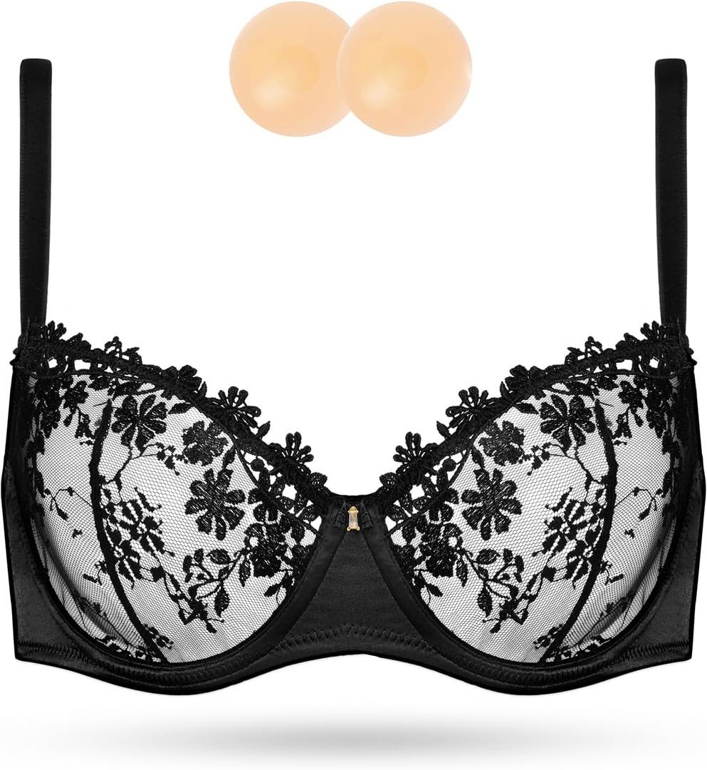 Wingslove Women's Sexy Lace Bra Demi Sheer Mesh Balconette See Through Bralette Unlined Underwire Embroidered (Black), 32D