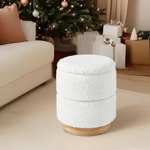 Get Set Style Round Ottoman with Storage, Modern Boucle Ottoman Upholstered Foot Stools with Wood Base, Vanity Stool Chair, Footrest Stool Extra Seat for Living Room Bedroom Entryway (White), 14.6"D x 14.6"W x 17.7"H