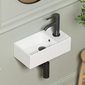 Small Wall Mount Bathroom Vessel Sink, QISHKA 15.6" X 8.6" Rectangular Floating Ceramic Wash Hand Basin- White Wall Hung Vanity Sink with Overflow for Small Bathroom (Right Hand)