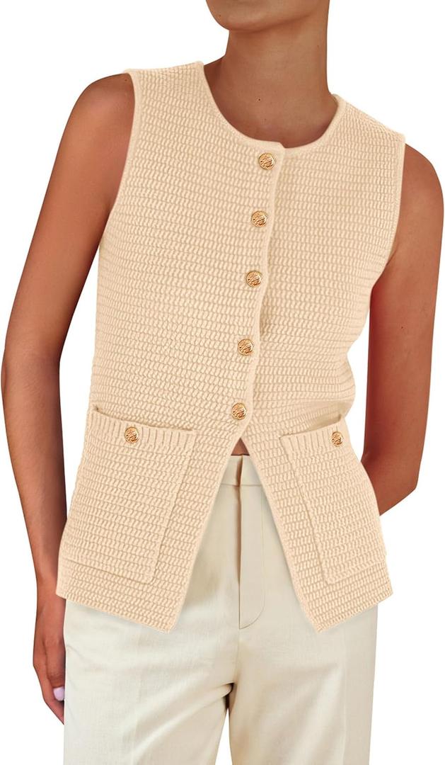 PRETTYGARDEN Women's 2026 Spring Sweater Vest Sleeveless Button Down Knit Cardigan Tank Tops Summer Business Casual Outfits (Beige)