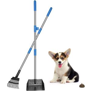 QiMH Upgraded Dog Pooper Scooper Extra Large, Adjustable Long Handle Stainless Metal Pet Poop Tray and Rake Set for Large Medium Small Dogs, Dog Waste Removal Bin Rake, Great for Grass, Street, Gravel (Blue)