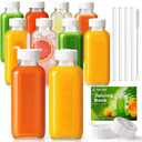 Ruckae 16oz 10 Pack Glass Juice Bottles with Hole Lids - Reusable Square Glass Juice Bottles with Leak-Proof Lid & Capacity Marks for Containers Juicing,Milk,Smoothies