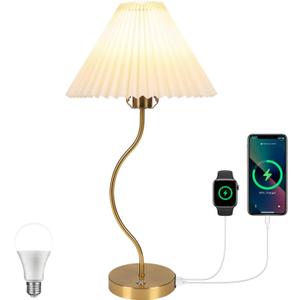 Pleated Table Lamp for Bedroom, Bedside Nightstand Lamp with Touch Control, Dimmable Modern Table Lamp with USB/TypeC, Desk Lamp for Bedroom Living Room Decor (Bulb Included)