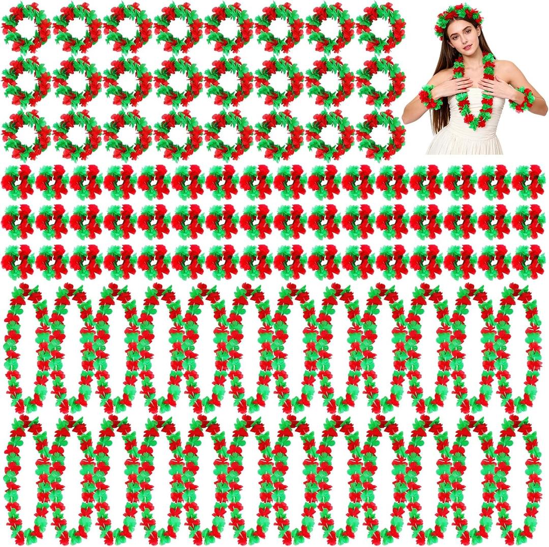 Sdfvsdg 96 Pcs Christmas Hawaiian Luau Leis Set Red Green Tropical Hawaiian Flower Necklace Headband Bracelets