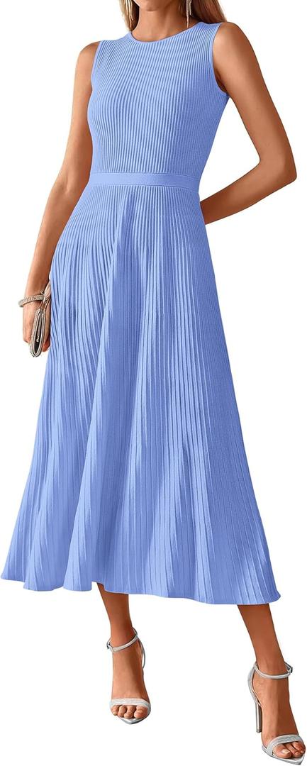 Women's Midi Bodycon Tank Dress Summer Crewneck Rib Knit Sleeveless Pleated Swing A Line Business Casual Dresses , Size Small