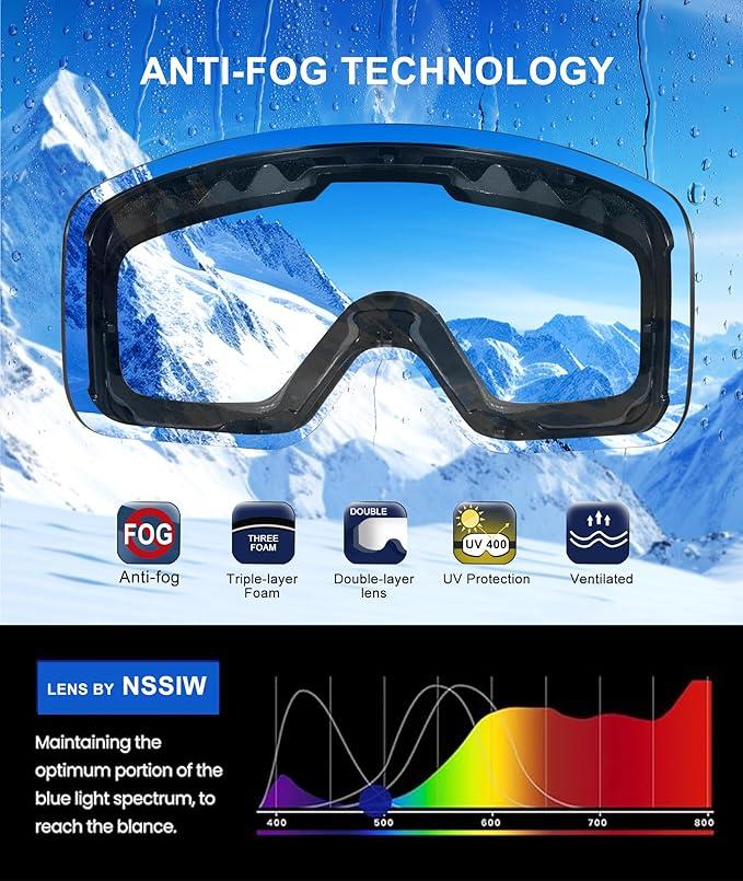 Ski Goggles for Men Women Youth, OTG Snowboard Goggles/Snow Goggles with UV Protection and Anti Fog Over Glasses