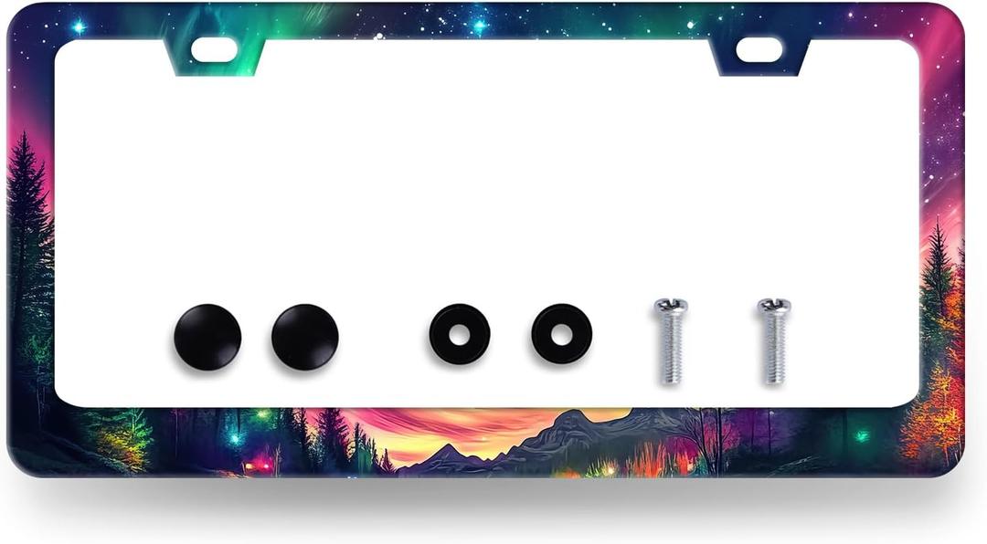 Beautiful Aurora Night Sky License Plate Frame Galaxy Forest License Plate Stainless Steel Colorful License Plate Frame Cars Auto Parts Decoration with Screws Funny License Plate Holder 12 x 6 Inch