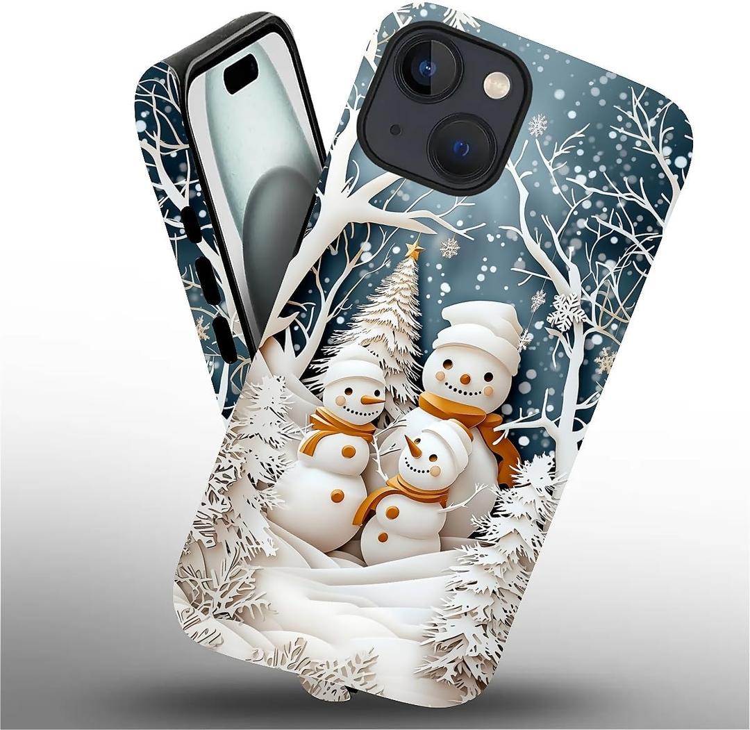 Compatible with iPhone 15 Case,The Snowman Family Four Pattern 2 in 1 Double Protection,Anti-Scratch Shockproof Christmas Case for iPhone 15