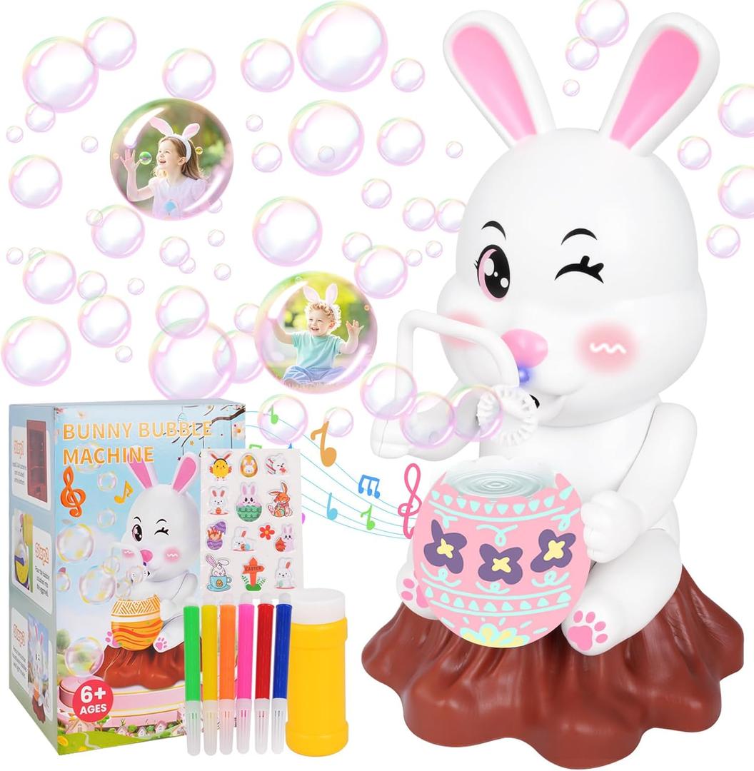 Easter Bubbles Bunny Bubble Machine for Kids, Rabbit Bubble Blower Toy with Refill Solutions, Music, Lights & Sticker- Easter Basket Stuffer Gift for Girls Boys