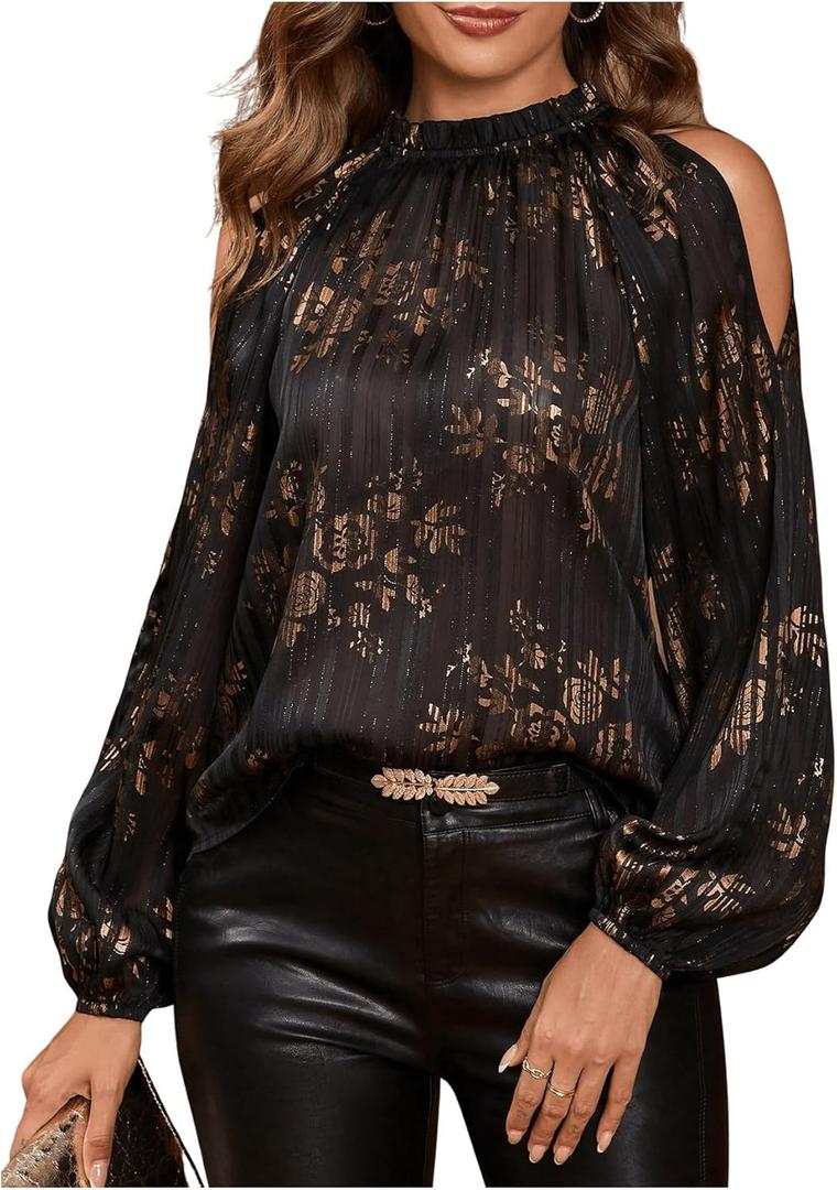 GORGLITTER Women's Cold Shoulder Tops Blouse Fall Dressy Casual Lantern Long Sleeve Mock Neck Pleated Work Shirt Tops (X-Large, Black and Gold)