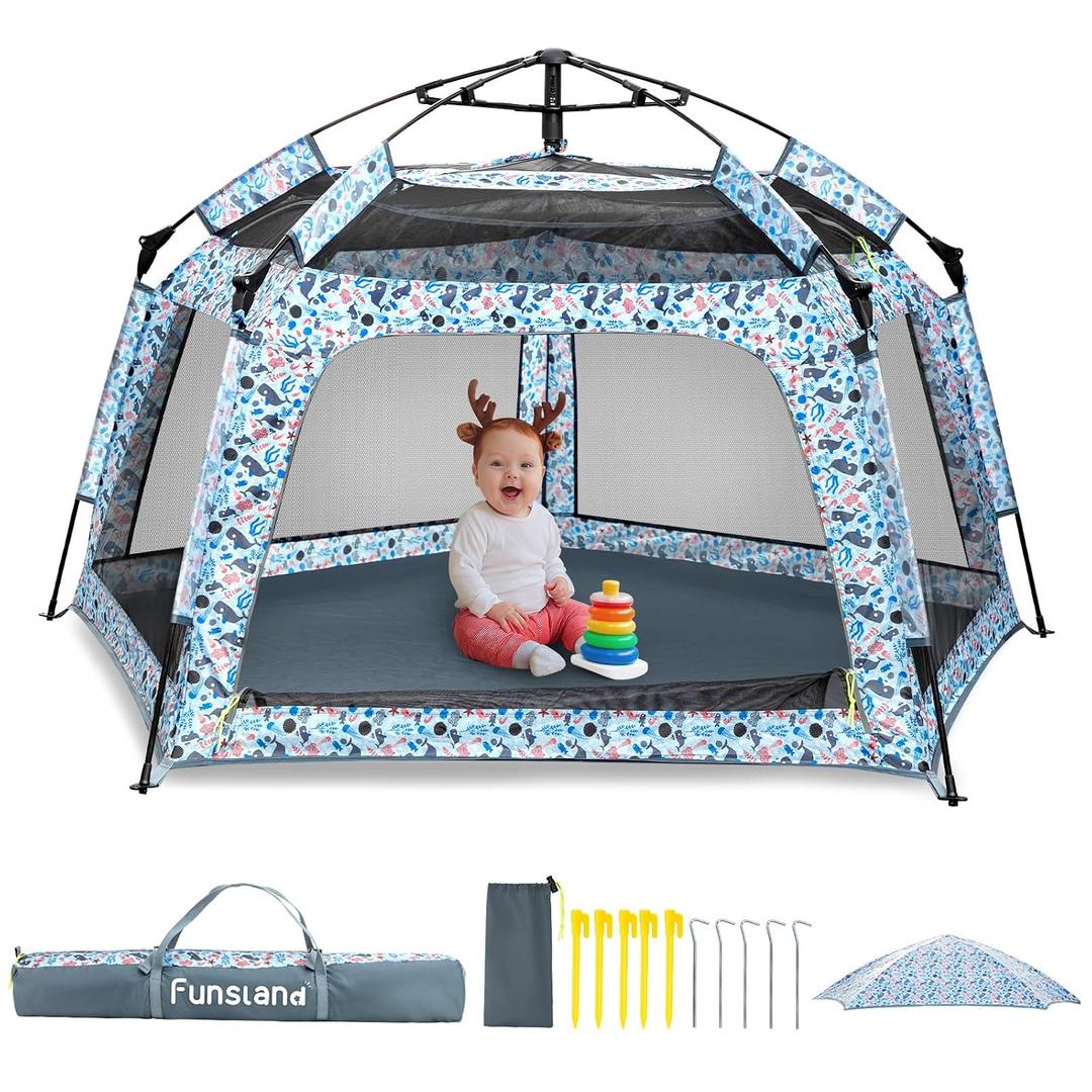 Baby Playpen Pop-up Tent - Outdoor & Indoor Play Tent for Beach with Canopy Travel Bag Portable Play Yard for Babies & Toddlers (Ocean)