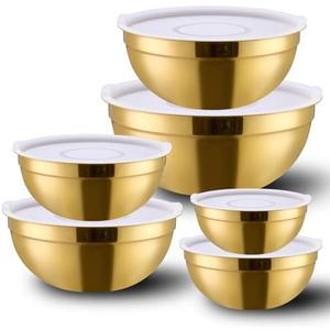 DINYWOW 6 Piece Gold Mixing Bowls Set With Lids for Kitchen - Stainless Steel Ideal for Baking, Prepping, Cooking and Serving Food - Nesting Metal Bowls for Space Saving Storage